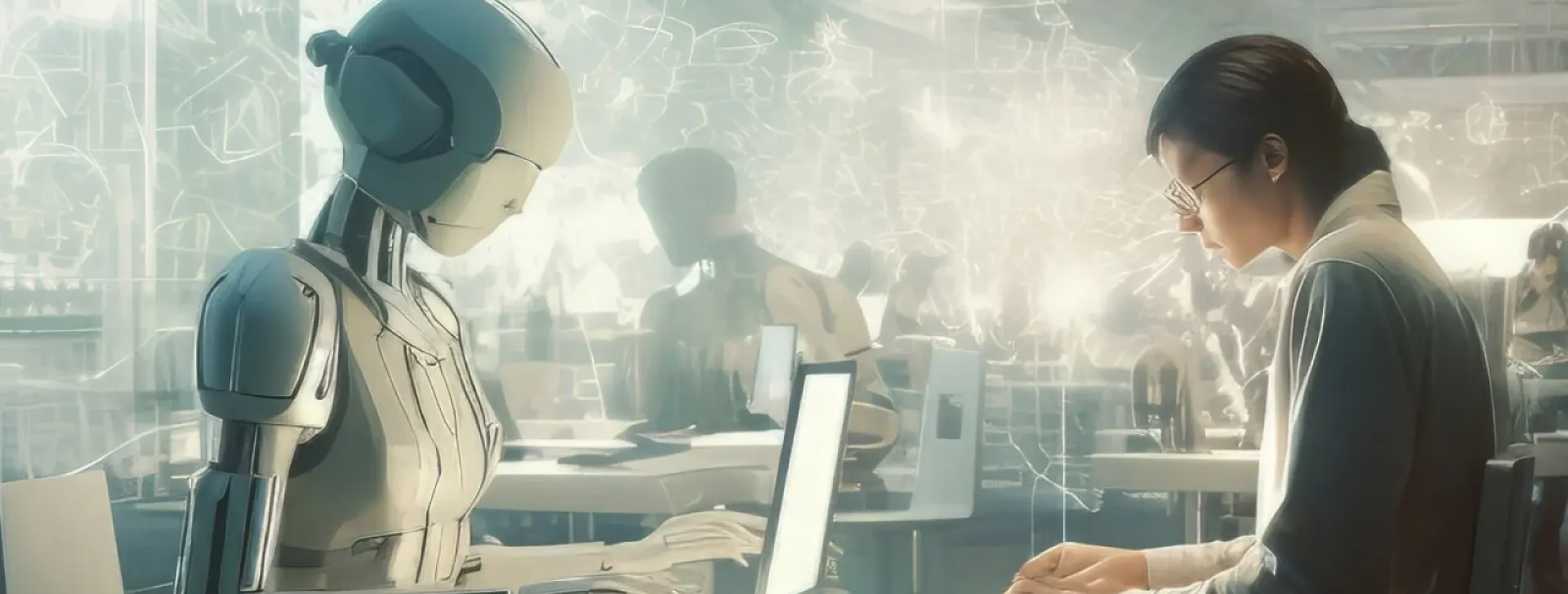 Futurystyczna ilustracja przedstawiająca współpracę człowieka i robota